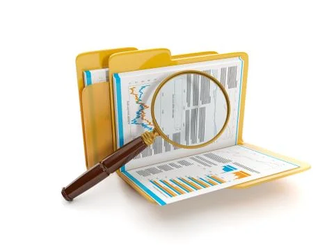 3d illustration: finding a document file. folder and a magnifying glass Stock Illustration