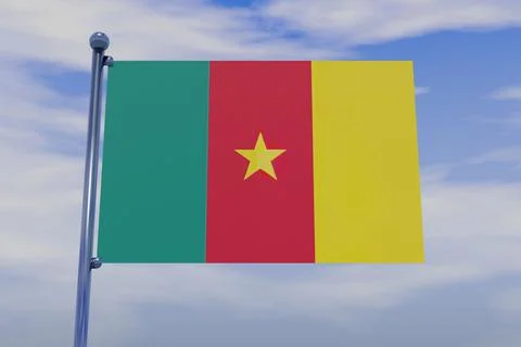 3D illustration of the flag of Cameroon with a chrome flag pole with snap hooks Stock Illustration
