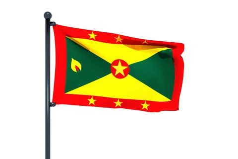 3D illustration of the flag of Grenada with a chrome flag pole isolated with Stock-Illustration