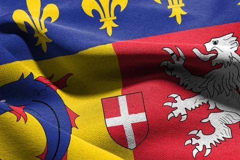3D illustration flag of Rhone-Alpes is a region of France. Wavin Stock Illustration