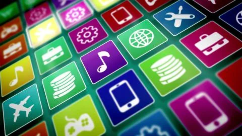 3d illustration of flat mobile application icons on a computer screen put dia Illustrazione stock