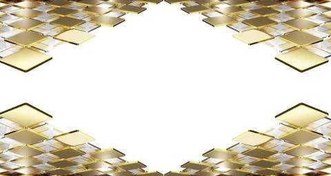 3D illustration of flat squares and curved corners in gold and silver overlai Stock Illustration