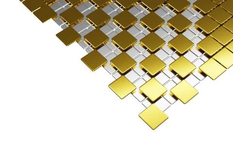 3D illustration of flat squares and curved corners in gold and silver overlai Illustrazione stock