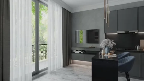3D-Illustration. Flight of the camera in the kitchen in the studio apartment Stock Footage 161224498