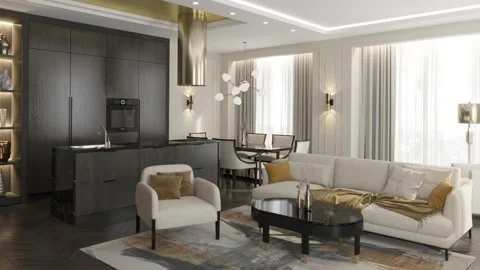 3d Illustration. The flight of the camera through the open area of the kitchen, Stock Footage 171810594