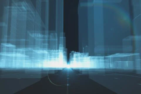 3d illustration flight in a futuristic technological city with transparent ne Stock Illustration