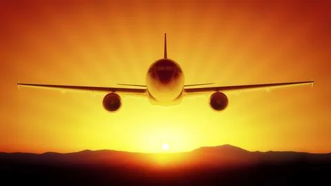 3d illustration of a flight in the sunset イラスト素材
