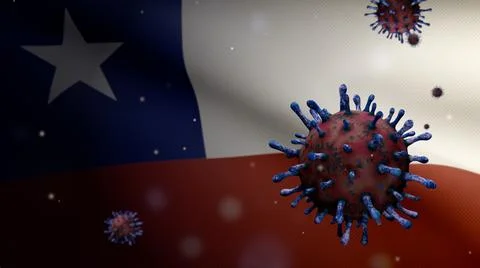 3D illustration flu coronavirus float over Chilean flag. Chile pandemic Covid Stock Illustration