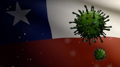 3D illustration flu coronavirus float over Chilean flag. Chile pandemic Covid Stock Illustration
