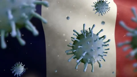 3D illustration Flu coronavirus floating over French flag. Pandemic covid 19-Dan Stock Footage 150613686