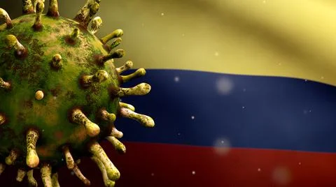 3D illustration Flu coronavirus floating over Colombian flag. Colombia Covid  Ilustração Stock