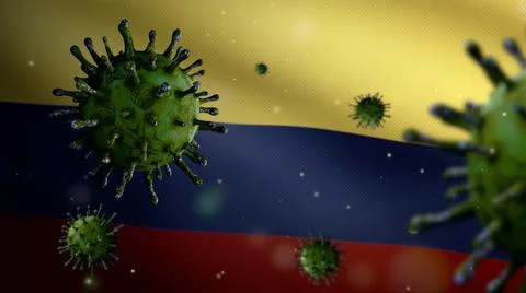 3D illustration Flu coronavirus floating over Colombian flag. Colombia Covid  Ilustração Stock
