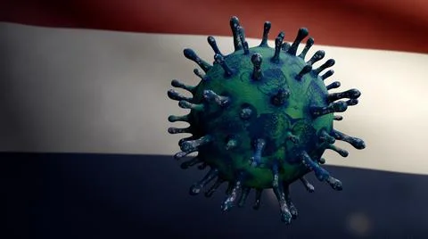 3D illustration Flu coronavirus floating over Dutch flag. Netherlands Covid 1 Stock Illustration