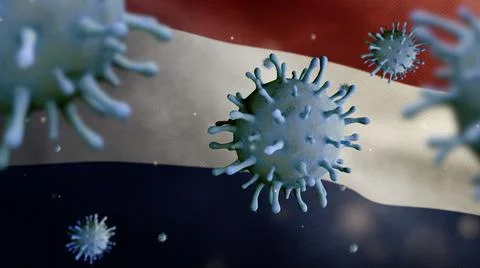 3D illustration Flu coronavirus floating over Dutch flag. Netherlands Covid 1 Ilustração Stock