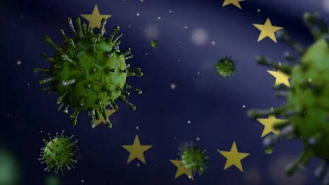3D illustration Flu coronavirus over European Union flag. Covid 19 at Europe-Dan Stock Footage 150153334