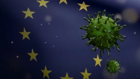 3D illustration Flu coronavirus over European Union flag. Covid 19 at Europe-Dan Stock Footage 150153366