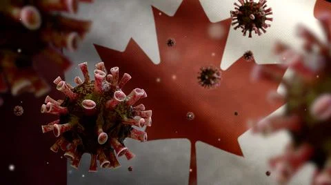 3D illustration Flu coronavirus over Canadian flag. Canada pandemic Covid19 Ilustração Stock