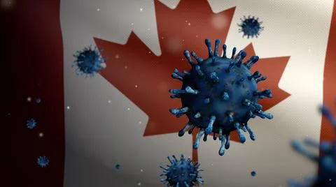 3D illustration Flu coronavirus over Canadian flag. Canada pandemic Covid19 Ilustração Stock