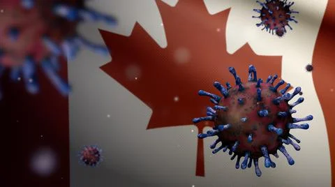 3D illustration Flu coronavirus over Canadian flag. Canada pandemic Covid19 Ilustração Stock