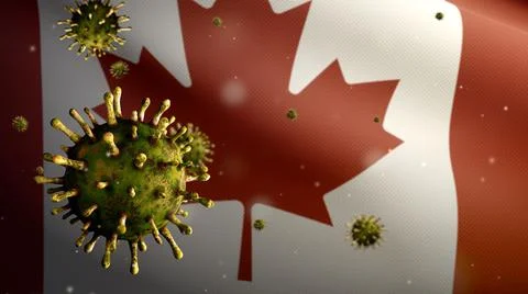 3D illustration Flu coronavirus over Canadian flag. Canada pandemic Covid19 Ilustração Stock