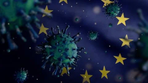 3D illustration Flu coronavirus over European Union flag. Covid 19 at Europe Stock Illustration