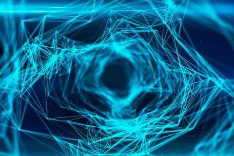 3d illustration Flying Through Digital Data Tunnel made of digital nodes and  写真素材