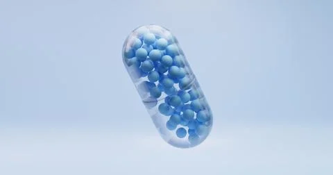 3D illustration in the form of a large transparent capsule, tablets with sma Illustrazione stock