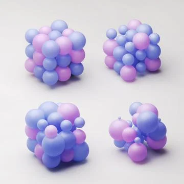 3D illustration of Four different box forms grouped of pastel colored balls. Stock Illustration
