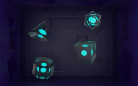 3d illustration four different shaped cristals with glowing objects Stockillustratie