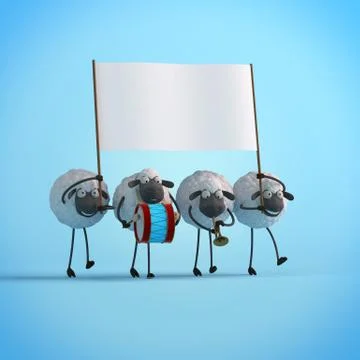 3d illustration four walking cute cartoon sheeps with empty banner on blue Stock Illustration