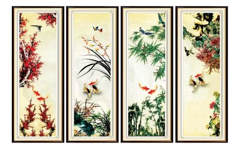 3d illustration in the framework, beige background, bamboo, sakura, goldfish Stock Illustration