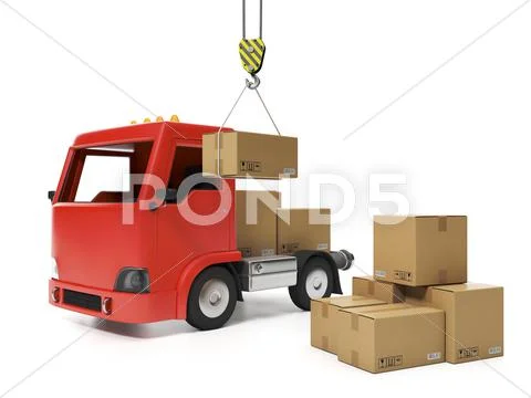 3d illustration: freight. group of cardboard boxes and a truck Stock Illustration