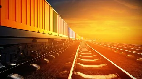 3d illustration of freight train with containers on platforms on sunset sky b Stock Illustration