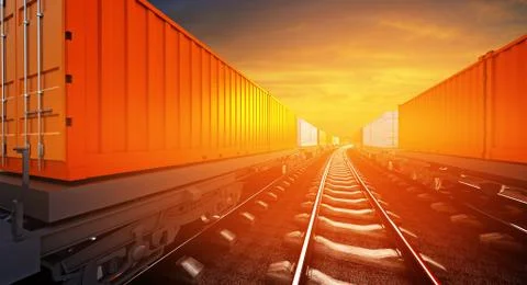 3d illustration of freight train with containers on platforms on sunset sky b Stock Illustration