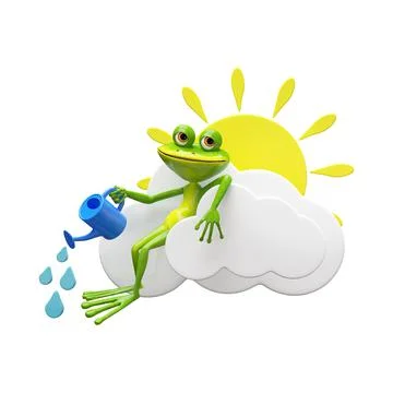 3D Illustration of a Frog on a Cloud with a Watering Can Stock Illustration