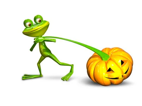 3d illustration of a frog pulling a pumpkin Stock Illustration