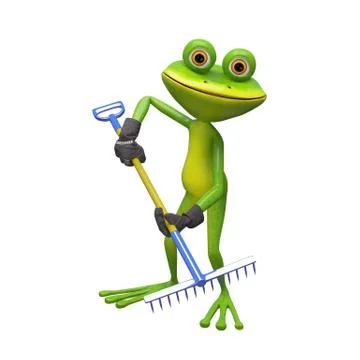 3D Illustration of a Frog with a Rake Stock Illustration