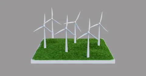 3d illustration front view of windmills. Illustrazione stock
