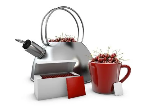 3d Illustration of Fruit tea with kettle and box of tea, isolated white Stock Illustration