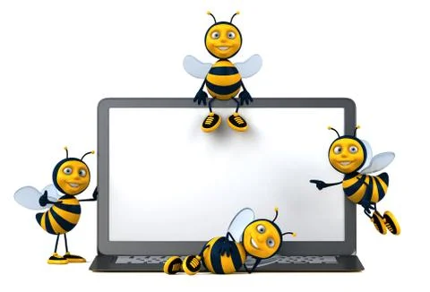 3D Illustration of fun bees next to a laptop Illustrazione stock