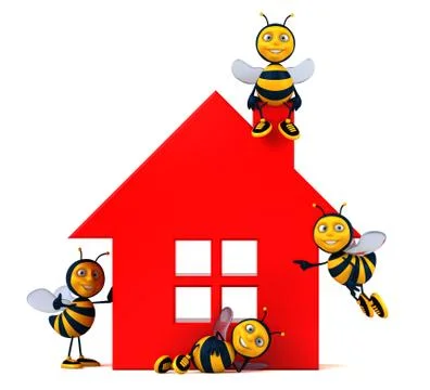 3D Illustration of fun bees next to a house Illustrazione stock