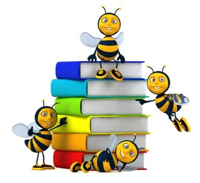3D Illustration of fun bees next to books Illustrazione stock