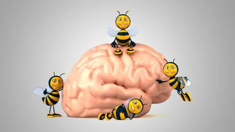 3D Illustration of fun bees next to a brain Illustrazione stock
