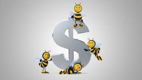 3D Illustration of fun bees next to a dollar Illustrazione stock