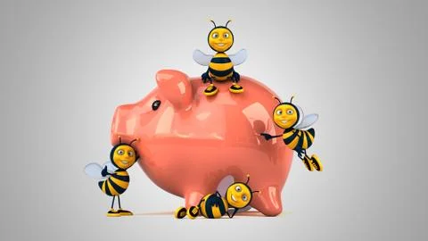 3D Illustration of fun bees next to a piggy bank Illustrazione stock
