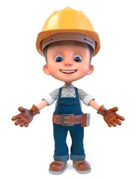 3D illustration funny boy in construction helmet and overalls Stock Illustration
