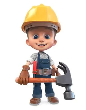3D illustration funny boy in construction helmet and overalls Stock Illustration