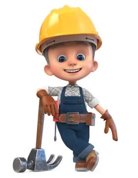 3D illustration funny boy in construction helmet and overalls Stock Illustration