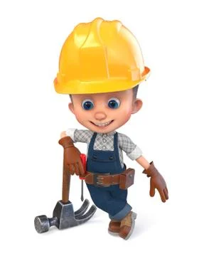3D illustration funny boy in construction helmet and overalls Stock Illustration