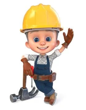 3D illustration funny boy in construction helmet and overalls Stock Illustration